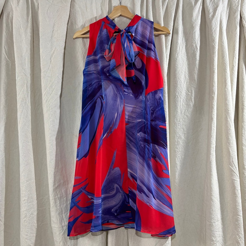 Robbie Bee Red Blue Abstract Print Sleeveless Tie Back Dress 8P Y2K Chiffon